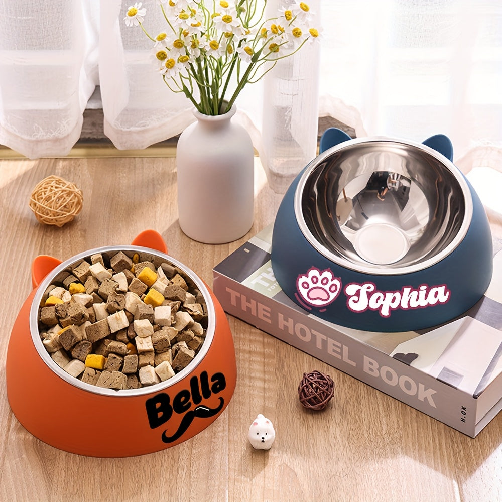 Bol incliné personnalisé en acier inoxydable pour chats et chiens, protège le cou, gravure possible, durable, accessoire repas idéal pour animaux.