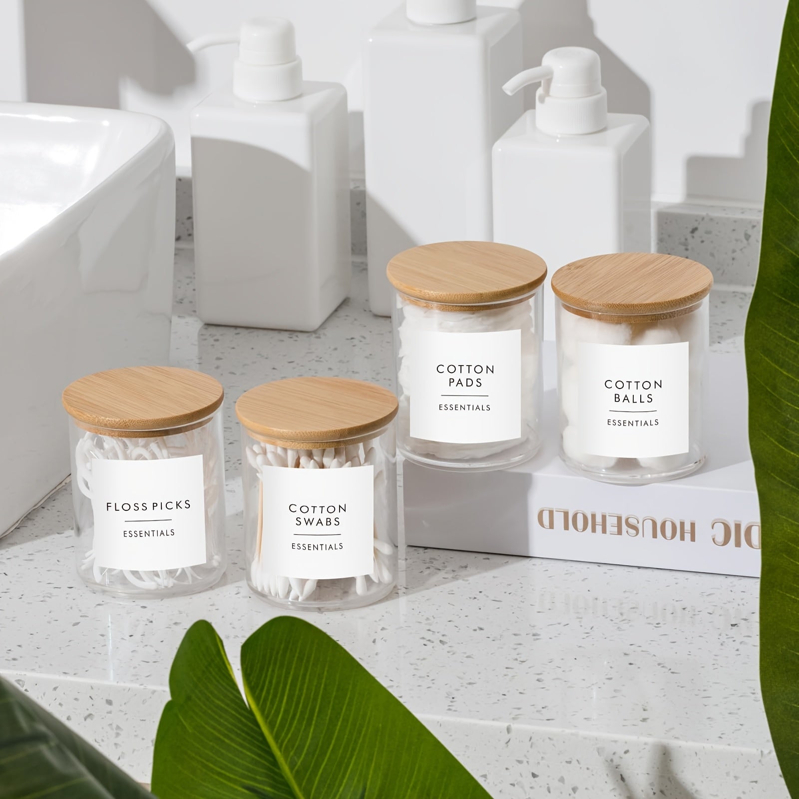 Lot de 4 ou 6 pots transparents de 10 oz avec couvercles, idéal pour cotons, maquillage et accessoires de salle de bain.