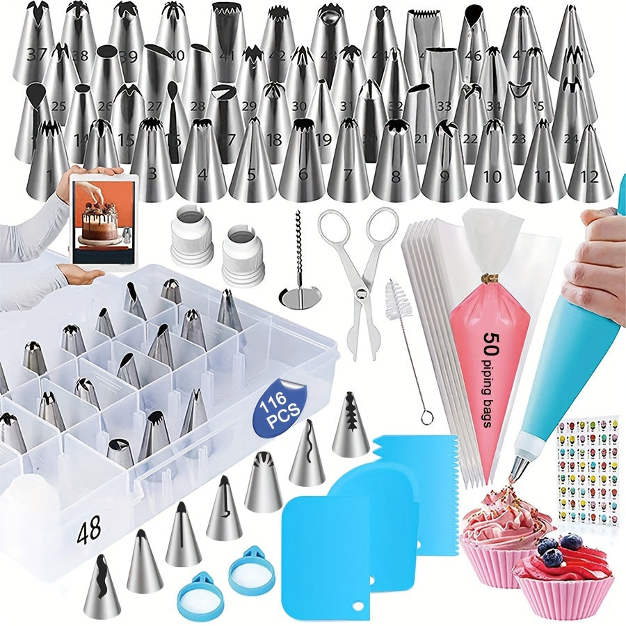 Set de 116 outils de décoration de gâteaux, includes poches à douille, embouts, raclette, pour pâte, glaçage et pâtisseries, avec boîte de rangement.
