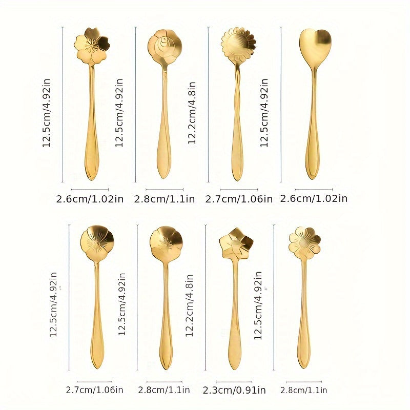 8pcs Flower Spoon Set, Small Teaspoon Coffee Spoon, Cute Ice Cream Dessert Spoon Silvery Golden Stainless Steel Spoon for Coffee Tea.