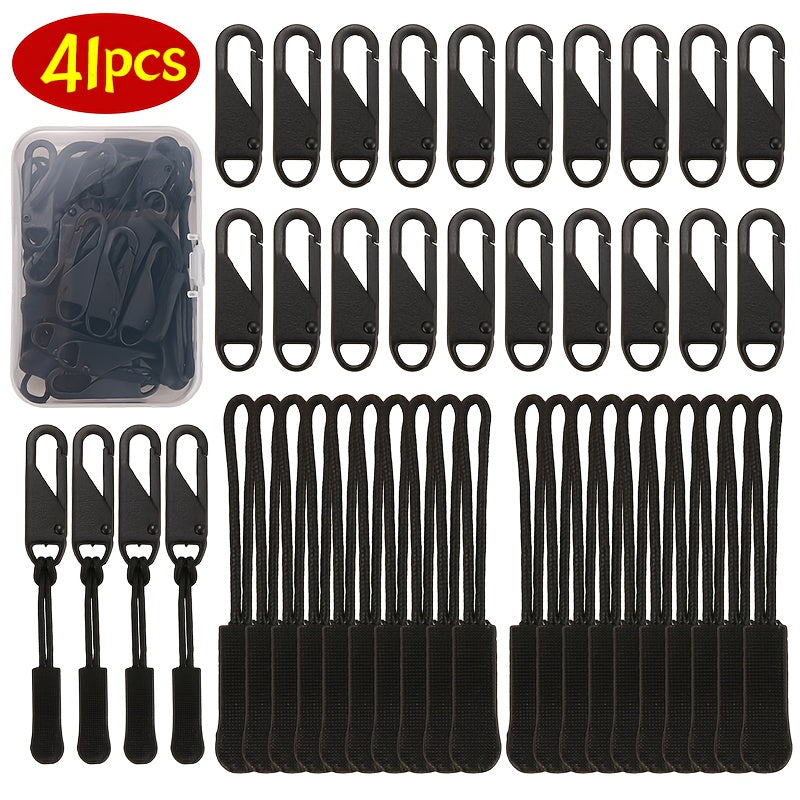 Lot de 41 tirettes de fermeture éclair noires, doubles faces, avec curseur détachable, idéales pour bagages, vêtements, sacs et accessoires outdoor.