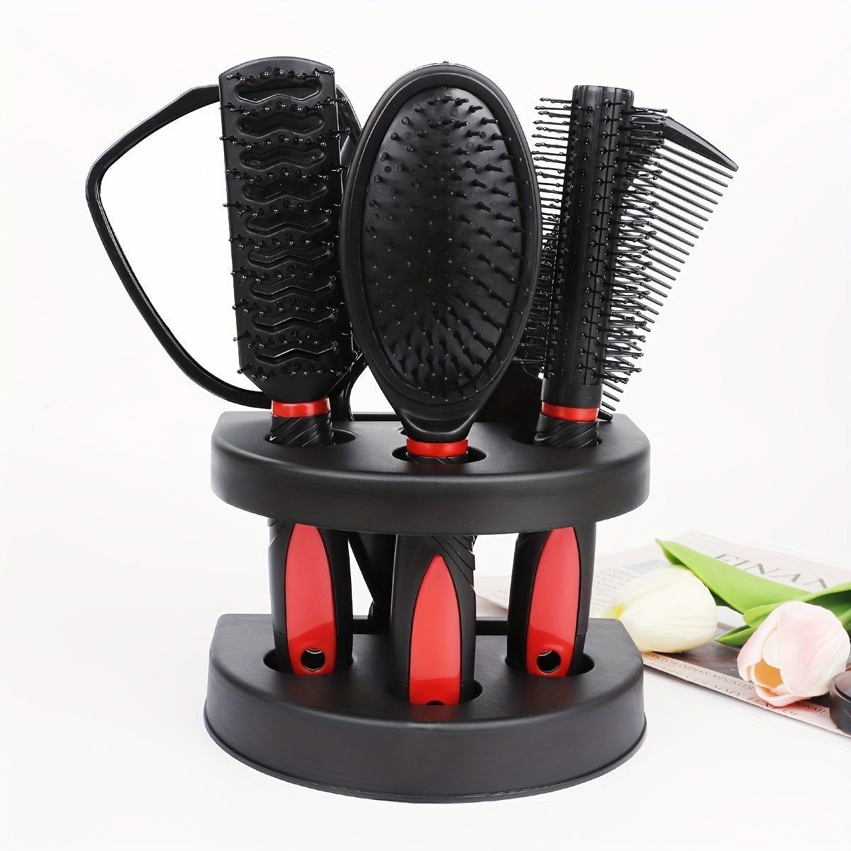 Set coiffure professionnel 5 pièces : brosses démêlantes, peignes massage cuir chevelu et miroir, parfait pour styling complet.