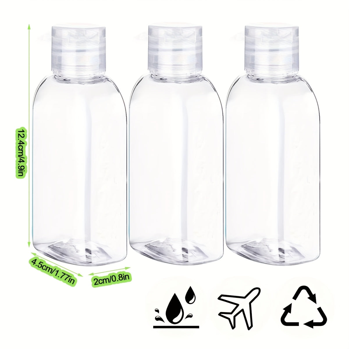 Lot de 6 flacons de voyage 100 ml, étanches, conformes TSA, rechargeables, faciles à presser et nettoyer pour lotions et soins.