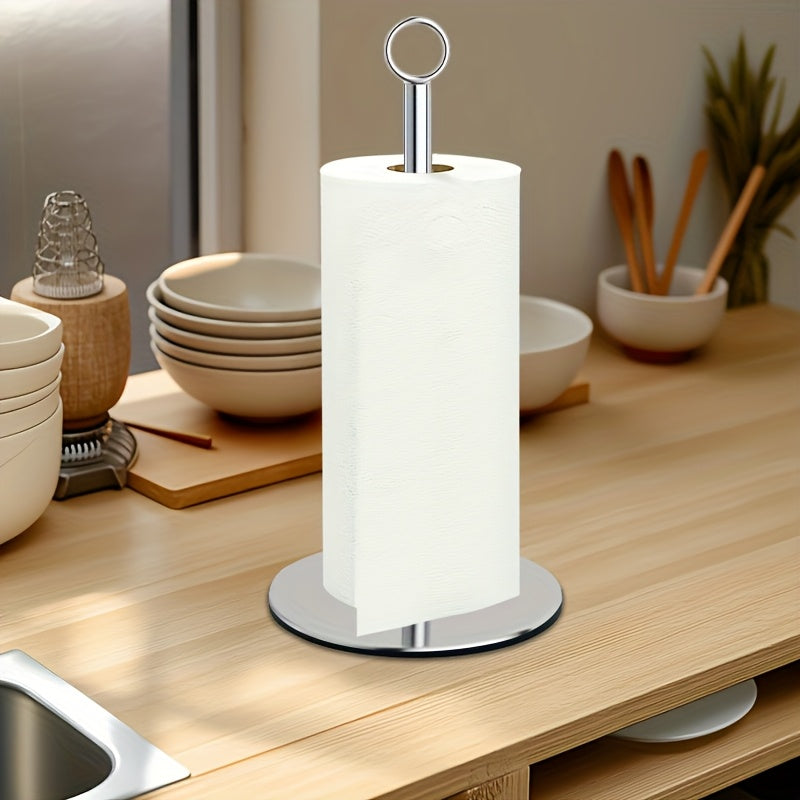 Distributeur essuie-tout en acier inoxydable premium, argenté, base lestée, pratique pour cuisine et rangement organisé.