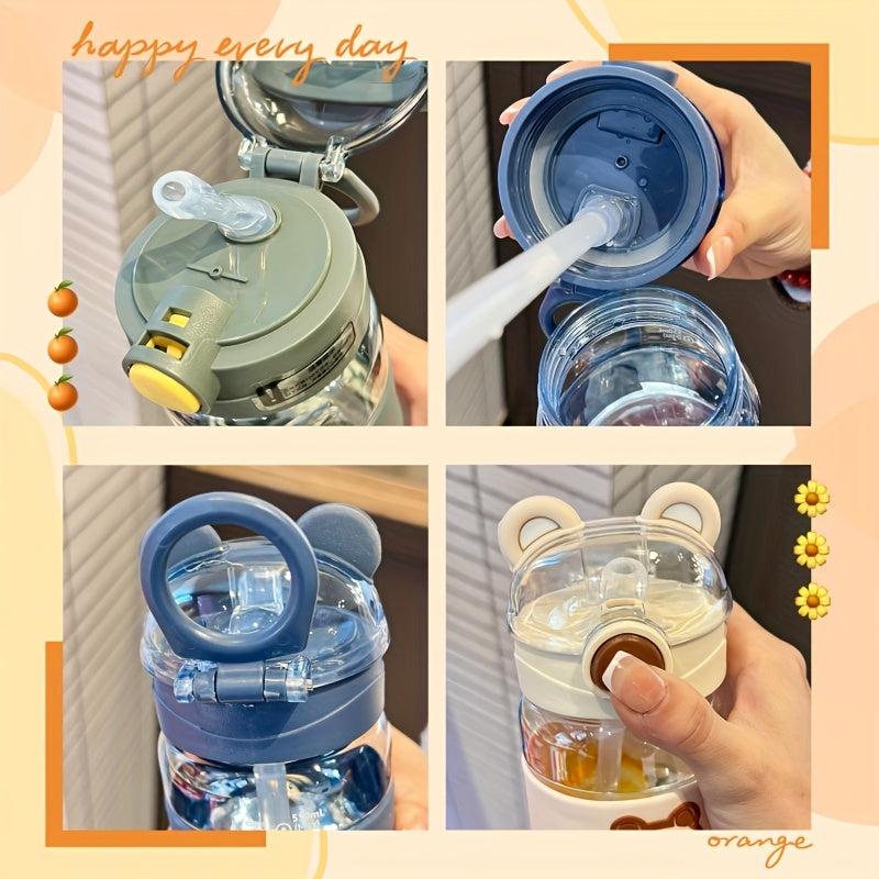 Gourde portable 550/650 ml ours cartoon avec paille et poignée, idéale pour école, sport, voyage et boissons été/hiver, parfait cadeau.