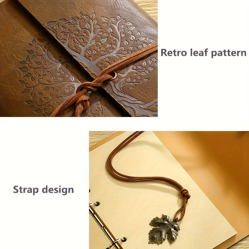 Coffret 3 pièces : carnet spiral vintage en cuir PU et 2 stylos gel noir et doré, design arbre, idéal pour écriture, croquis et voyage.