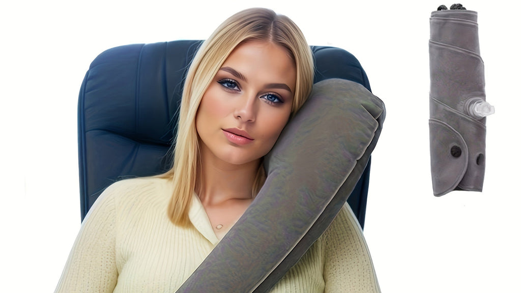 Oreiller de voyage gonflable, pliable et portable, offrant un soutien confortable du cou pour la voiture, l’avion ou tout déplacement.