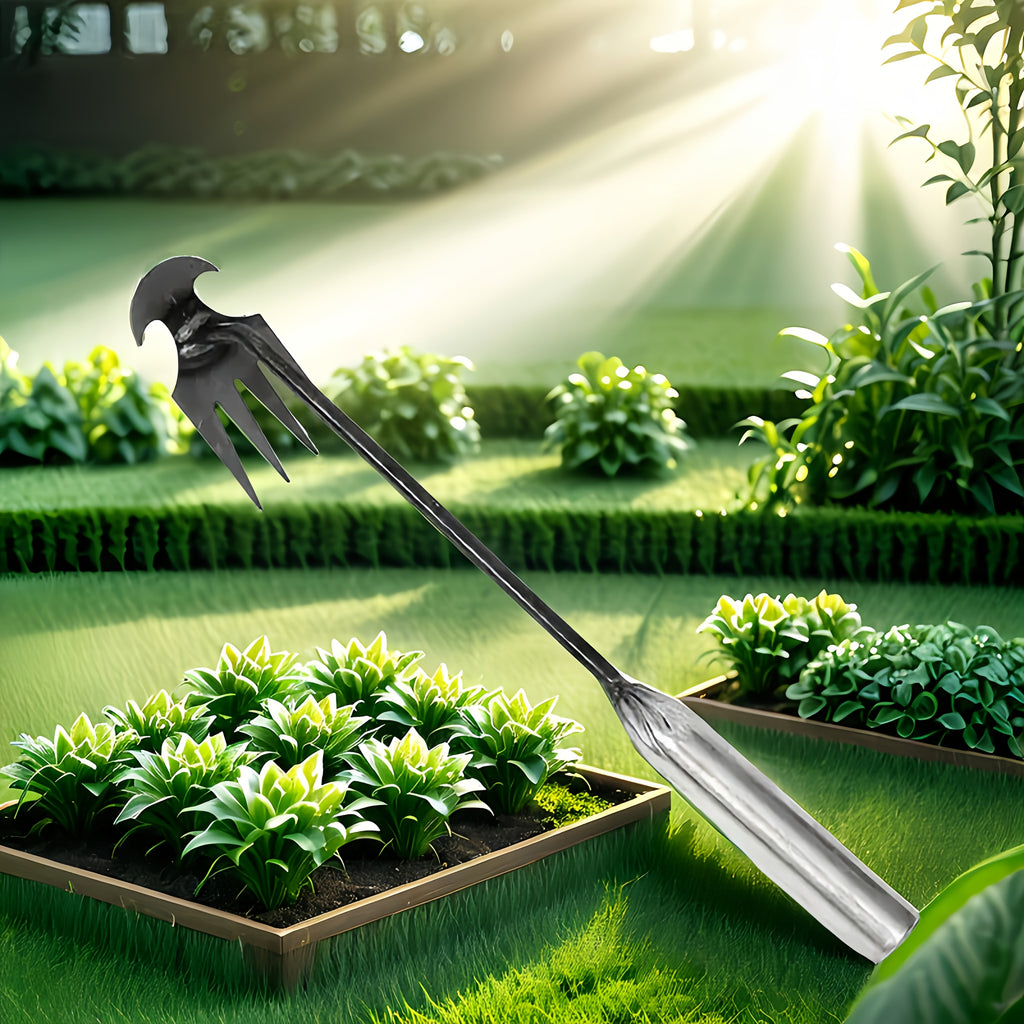 Heavy-Duty Iron Weeding &amp; Cultivating Tool with 4-Tooth Ergonomic Design - Manual Labor-Saving Grass and Garden Maintenance for Lawn, Durable Weed Removal Garden Tool, Weeding Garden Tools No Bending, Comfortable Grip Handle