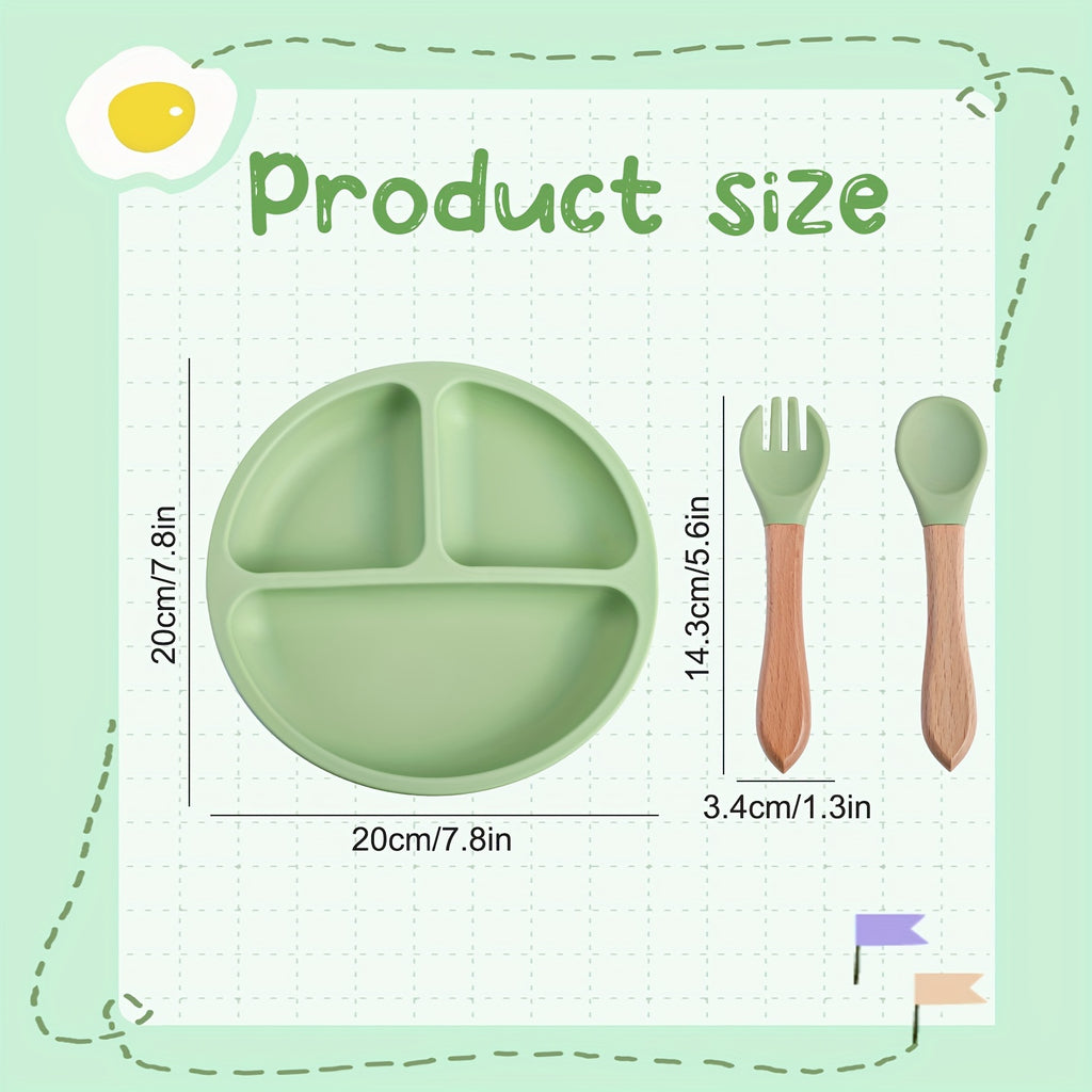 Set repas bébé TYRY.HU 3 pcs en silicone, assiette à ventouses compartimentée et ustensiles, parfait pour diversification et repas en extérieur.
