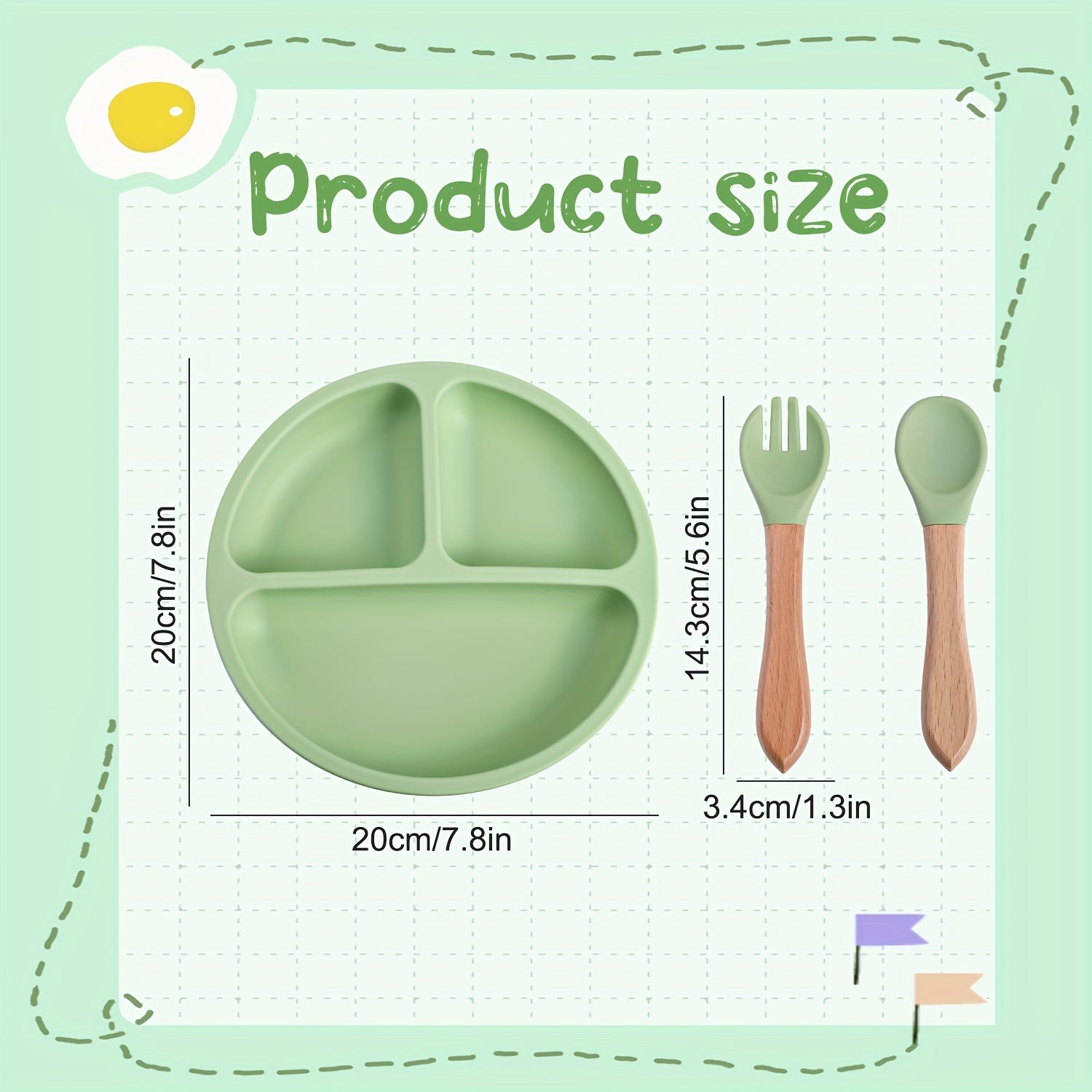 Set repas bébé TYRY.HU 3 pcs en silicone, assiette à ventouses compartimentée et ustensiles, parfait pour diversification et repas en extérieur.