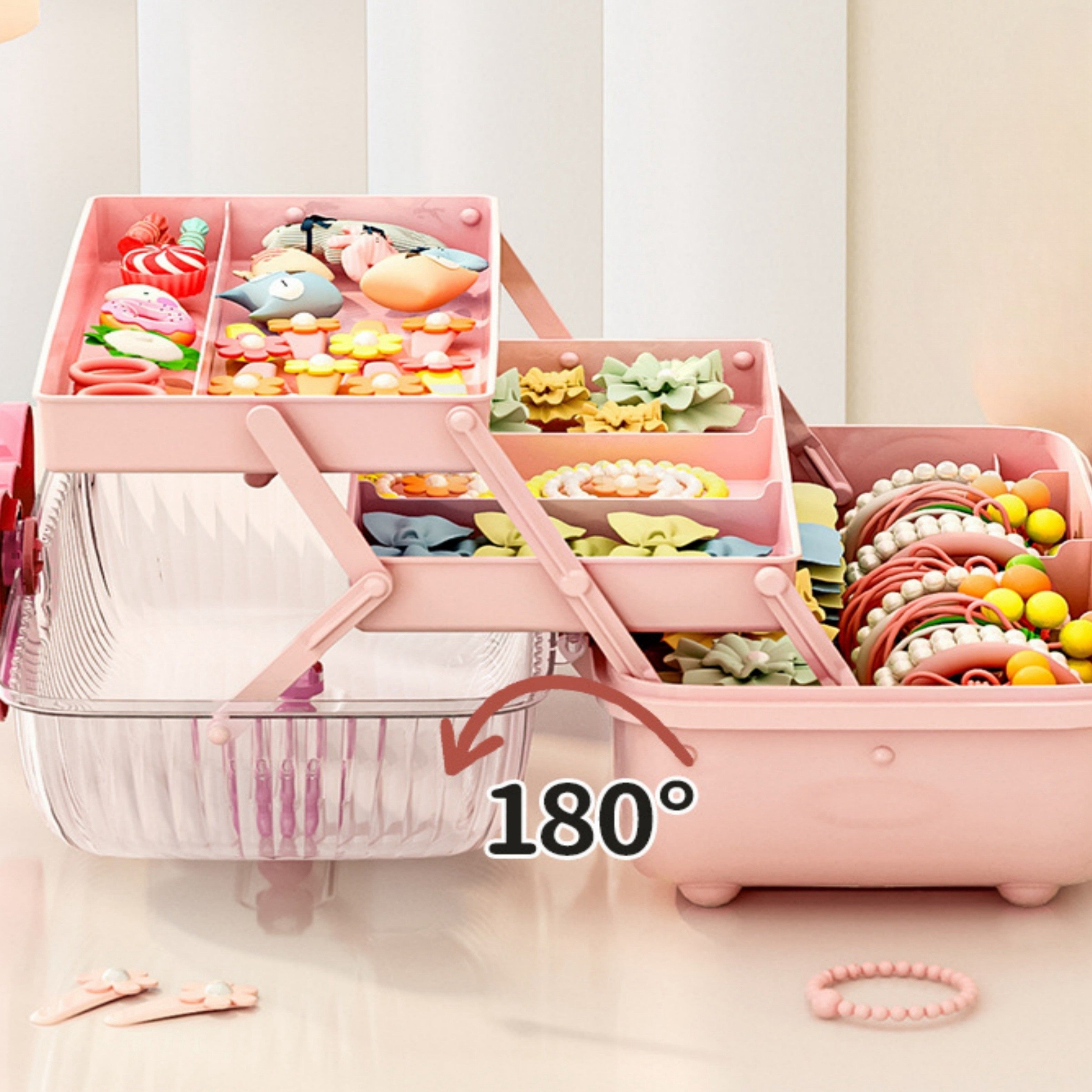 Boîte de rangement de bureau kawaii multi‑couches, pivotante, pour jouets, cosmétiques et accessoires, idéale chambre, bureau ou salle de bain.
