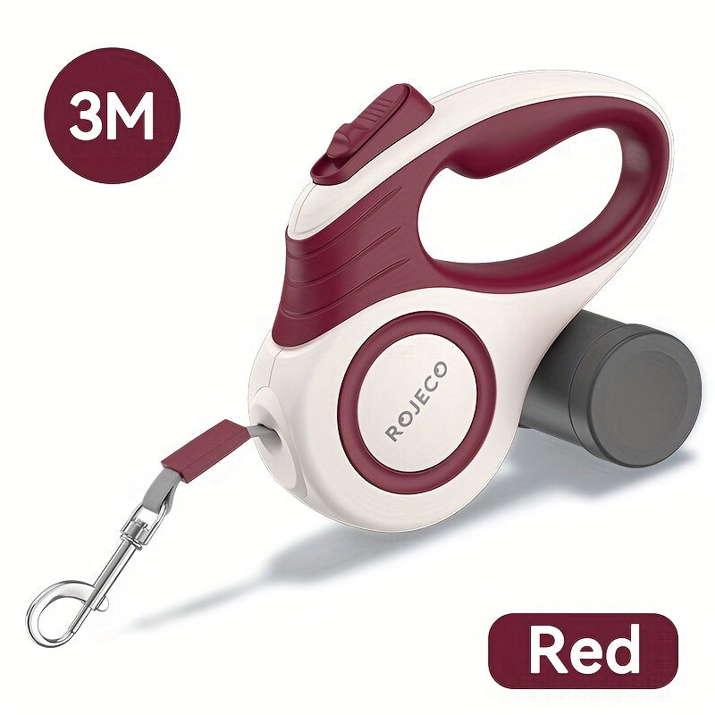 Laisse automatique rétractable ROJECO, 5 m en nylon durable, design géométrique bleu et blanc, idéale pour promenade et contrôle chiens petites à grandes tailles.