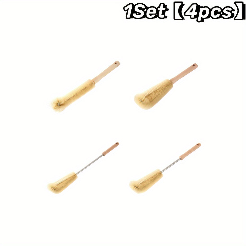 4pcs Multi-Size Cleaning Brush Set with Wooden Handles - Reusable, Easy-Grip Design for Effortless Kitchen, Youngsters Bottle, and Household Cleaning - Includes Long Handle Brush with Hanging Hole, Cleaning Tools