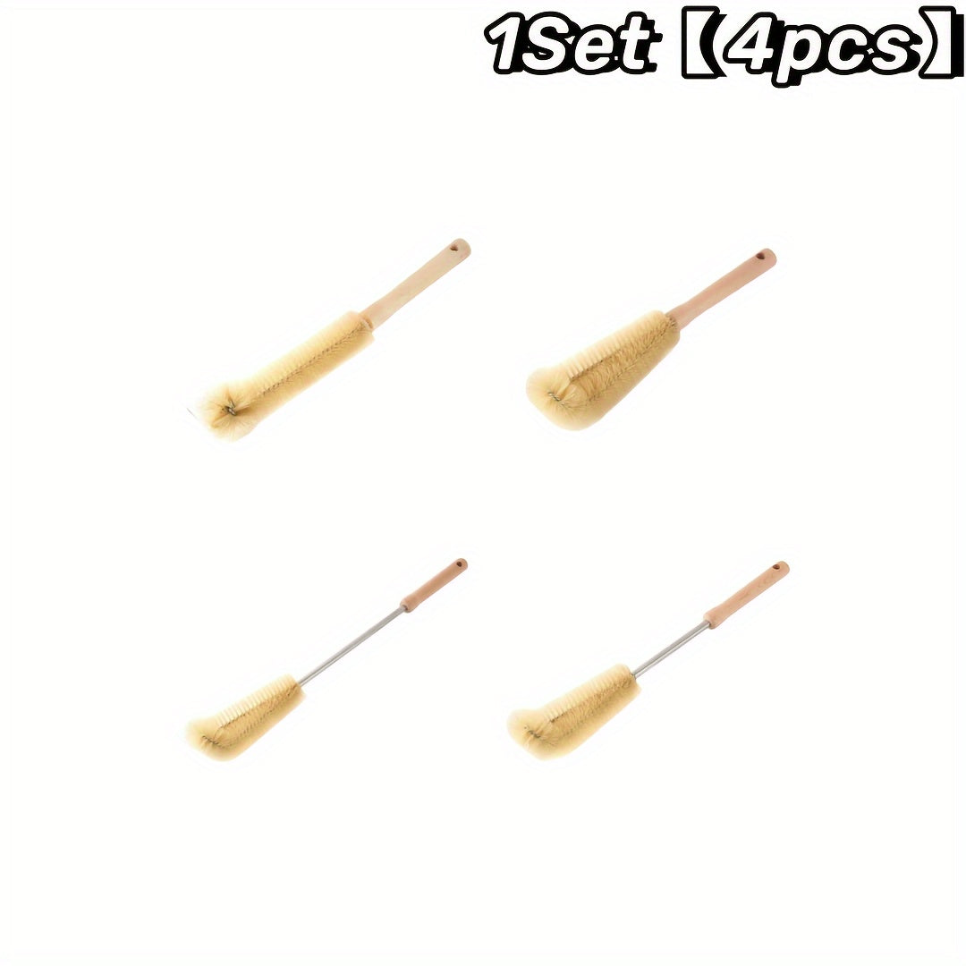 4pcs Multi-Size Cleaning Brush Set with Wooden Handles - Reusable, Easy-Grip Design for Effortless Kitchen, Youngsters Bottle, and Household Cleaning - Includes Long Handle Brush with Hanging Hole, Cleaning Tools