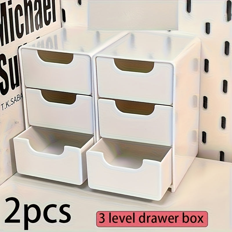 2pcs White 3-Tier Plastic Drawer Organizer Boxes - Compact & Cute Design for Office Supplies, Hair Clips, Jewelry & Cosmetics - Perfect for Desk and Home Organization, Multi-Purpose Storage Solution, Desk Organizer | Minimali