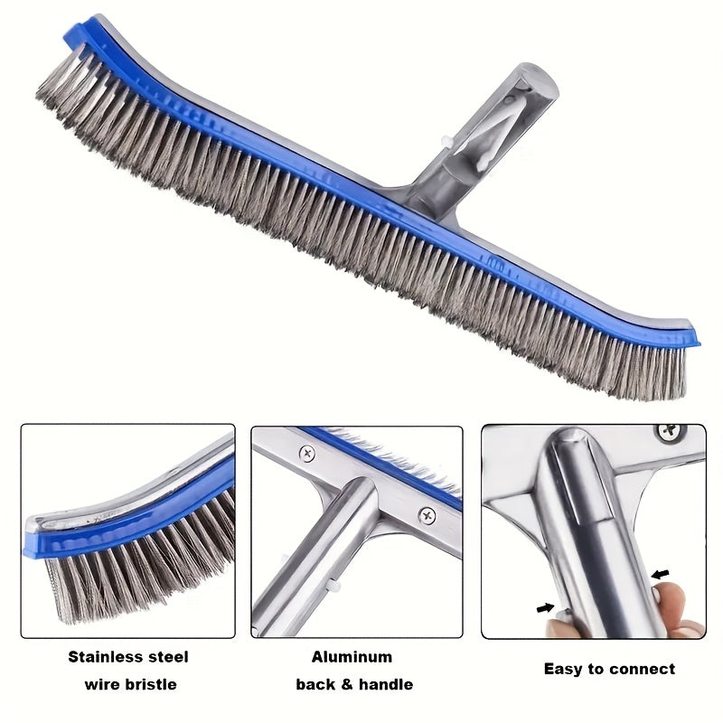 Brosse de 45 cm en aluminium et acier inoxydable, outil polyvalent pour piscine et aquarium, efficace contre algues, tête en fil métallique durable.