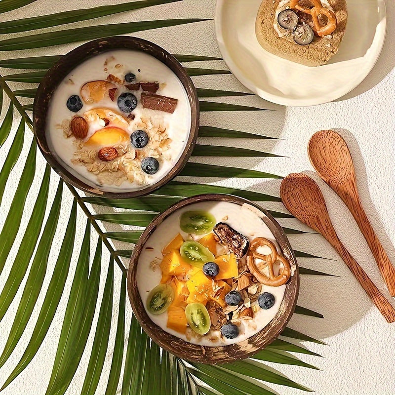 2pcs 1 Bowl +1 Spoon Handcrafted Coconut Shell Salad Bowls with Wooden Utensils -, Perfect for Serving Fruits &amp; Grains. Ideal Gift Picks: Back-to-School Season