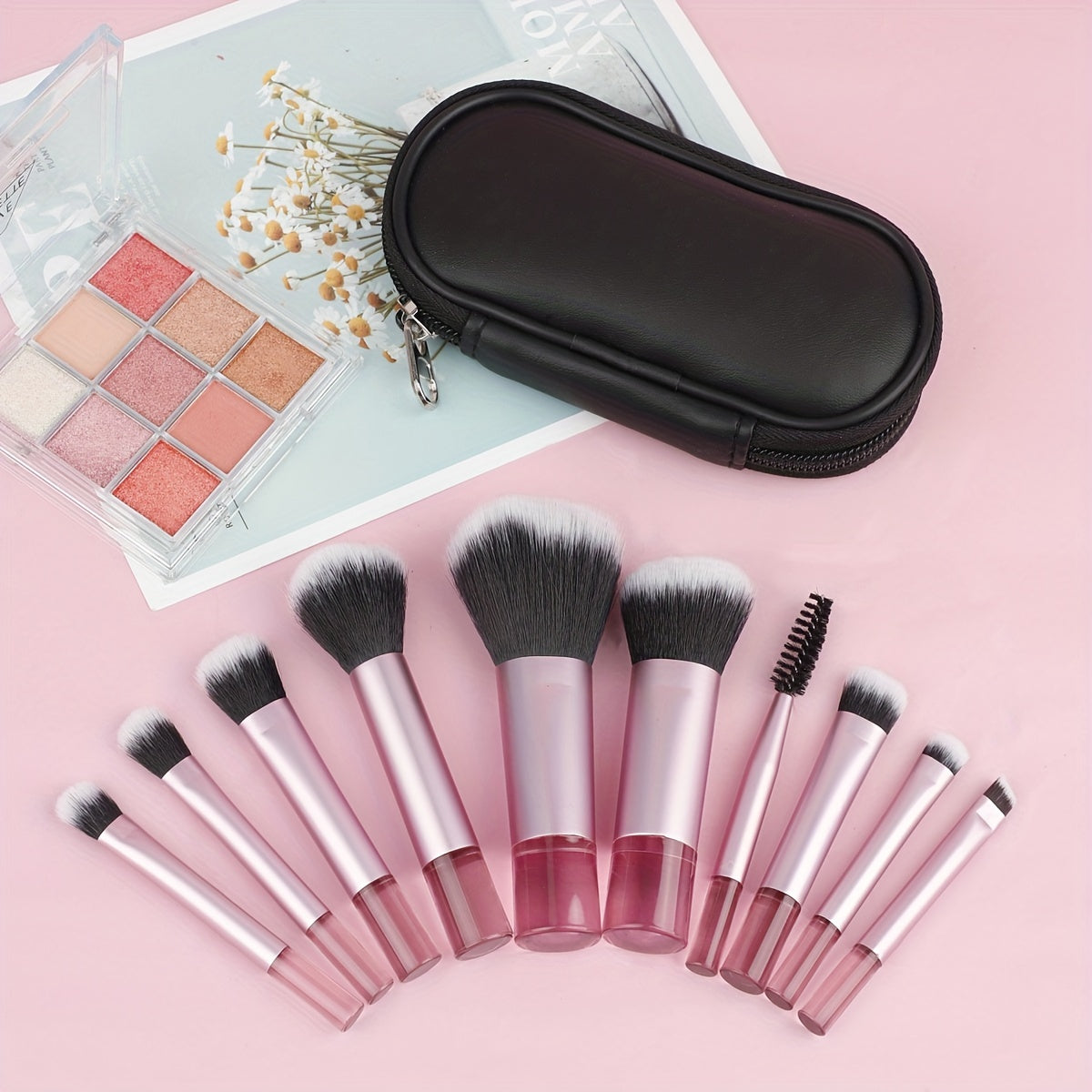 Set mini pinceaux maquillage 10 pièces avec pochette, portable, pour poudre, contour, yeux, sourcils et correcteur, idéal cadeau.