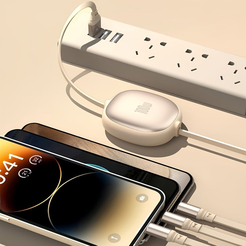 Câble USB rétractable 3-en-1, charge rapide 100 W, compatible USB-C/Micro USB/iPhone, transfert données 480 Mbps, alimentation ≤36 V.