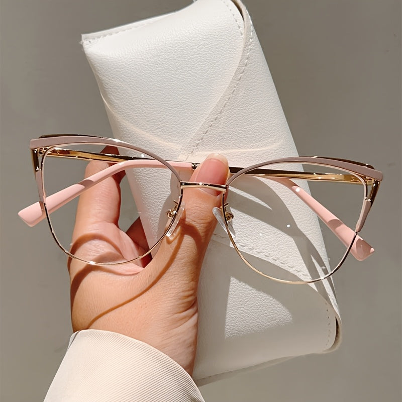 Paire de lunettes style œil de chat pour femmes, monture métallique légère, tendance rétro, couleur rose élégante, sans correction.
