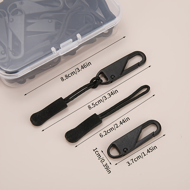 Lot de 41 tirettes de fermeture éclair noires, doubles faces, avec curseur détachable, idéales pour bagages, vêtements, sacs et accessoires outdoor.