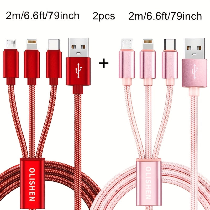 2pcs 3-in-1 Fast Charging Cable | Durable Nylon Braided, Compatible with iPhone, Samsung, Xiaomi, Oppo, Vivo, Redmi, OnePlus & More, Supports USB Charging, 10W Output Power