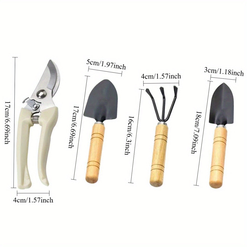 4pcs Gardening Tool Set: Pruning Shears, Trowel, Rake &amp; Shovel for Planting, Weeding – Ergonomic Wooden Handle, Ideal for Backyard &amp; Balcony