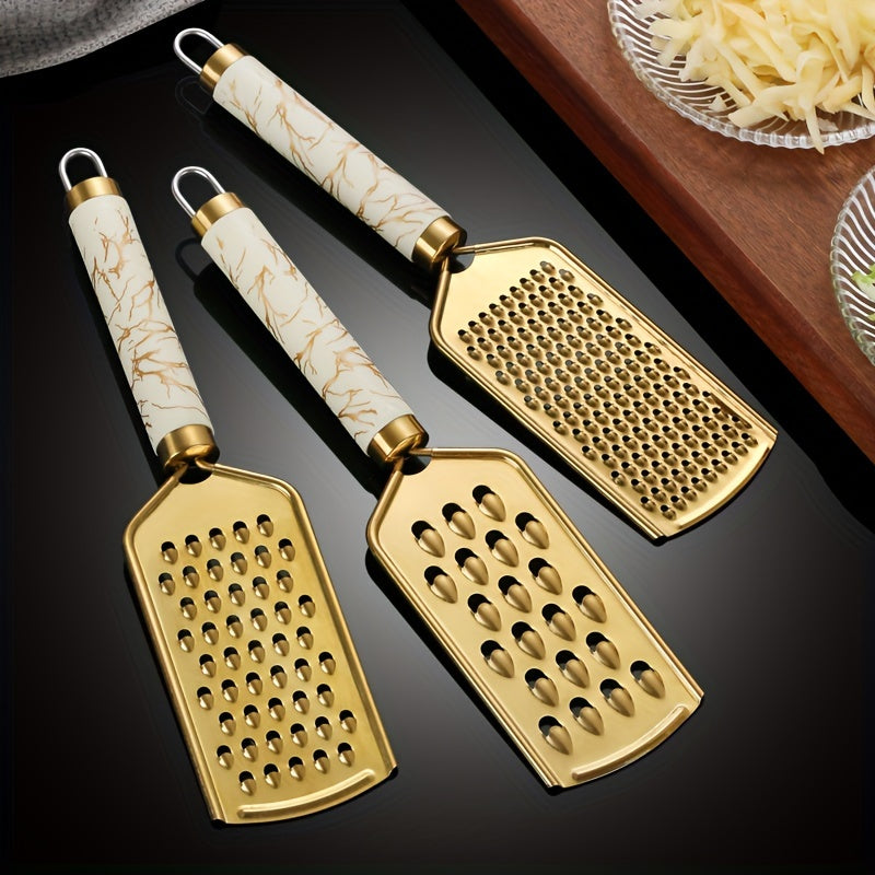 3/1pc grater Stainless steel shredder Household kitchen radish grater potato shreds onion shreds ginger shreds melon fruit vegetable shreds cheese raw grater handle can be held safely without hurting hands, Golden appearance,