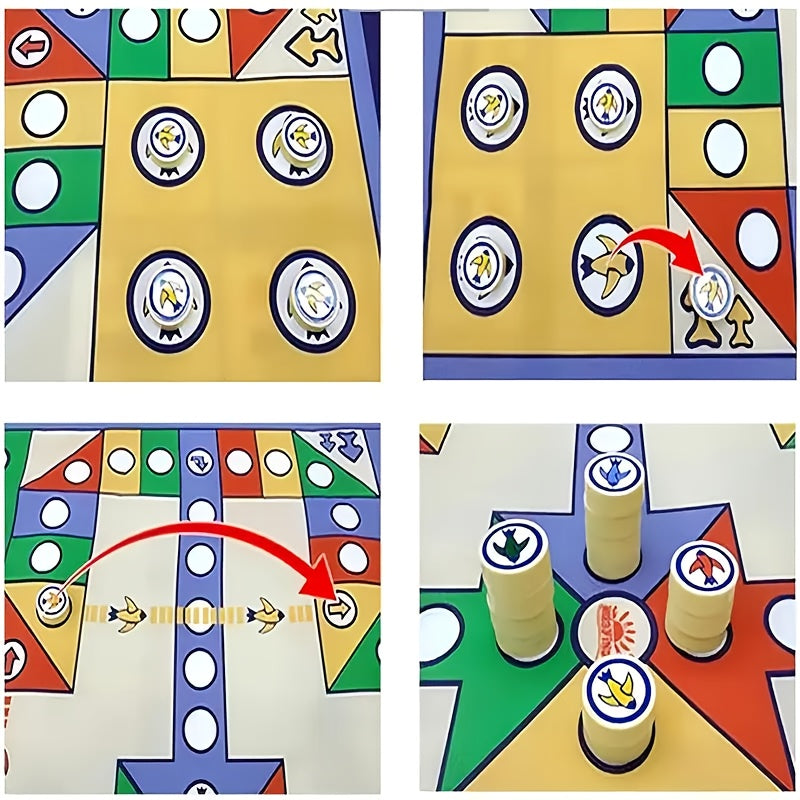 Jeu de ludo de luxe façon tapis, avec 16 pions, dés, pliable et portable, parfait pour famille, fêtes et cadeaux.