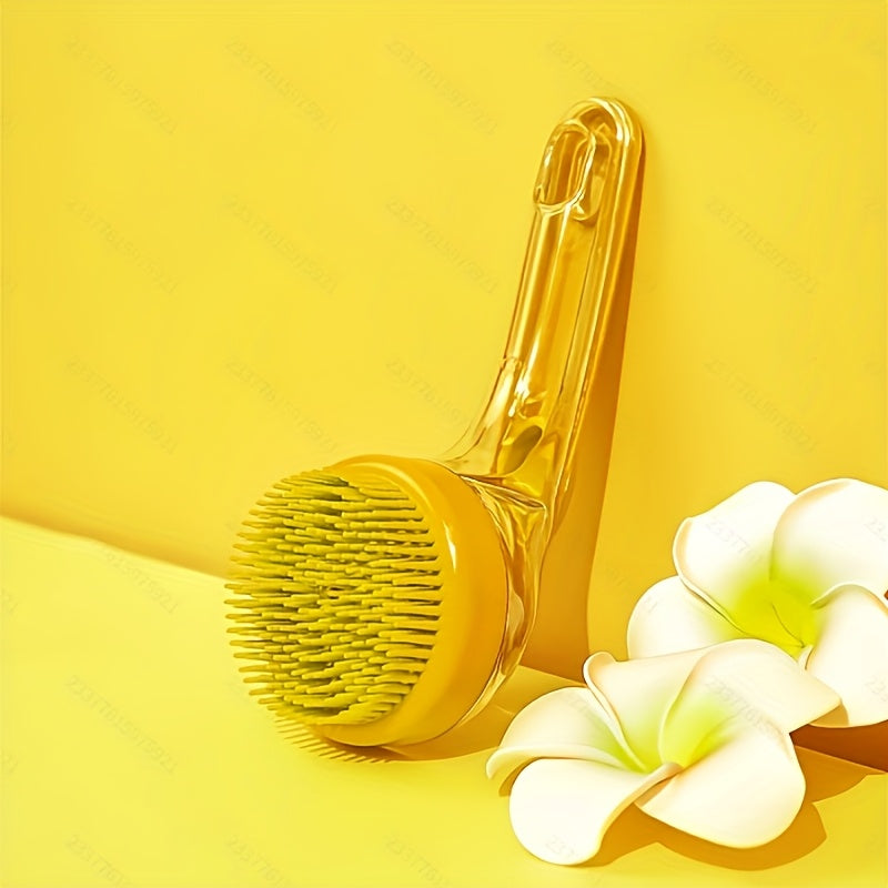 Brosse de bain douce pour chiens et chats, avec distributeur savon/shampoing, massage et nettoyage adaptés poils longs et courts.