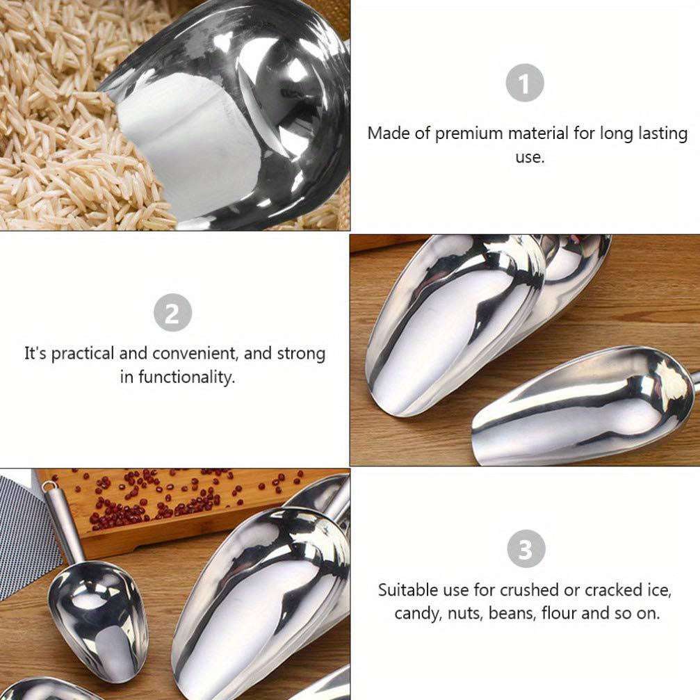 Lot de 3 pelles en acier inoxydable épaisses, multi-usages pour glace, aliments pour animaux, céréales, farine, sucre, riz, durable pour cuisine, bar ou fêtes.