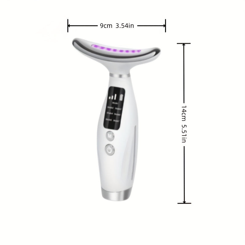 Appareil rechargeable visage et cou, 7 modes, massage vibrant et chauffant, USB, design ergonomique, idéal soins à domicile et cadeau beauté.