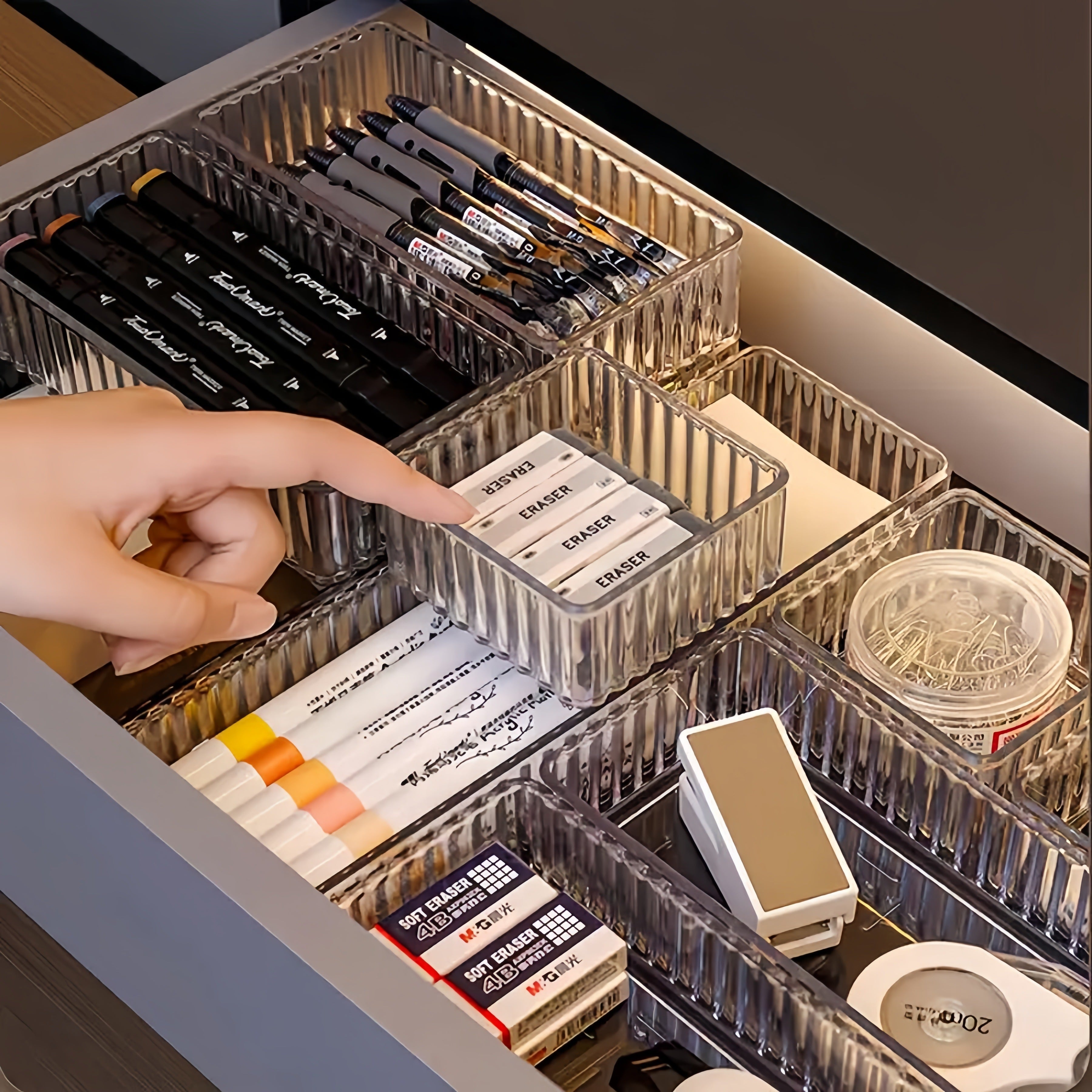 5-/6-/7-/10-/12pcs Transparent Striped Acrylic Desktop Box Drawer Organizer Set, Lipstick Cosmetic Storage Case for Various Scenarios and Home Organization, Desk &amp; Drawer Organizer for Home Storage, Desk Drawer, Desk Organiza