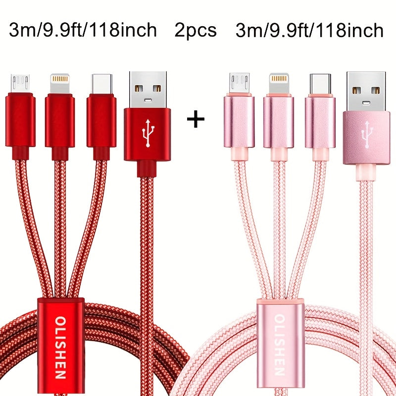 2pcs 3-in-1 Fast Charging Cable | Durable Nylon Braided, Compatible with iPhone, Samsung, Xiaomi, Oppo, Vivo, Redmi, OnePlus & More, Supports USB Charging, 10W Output Power