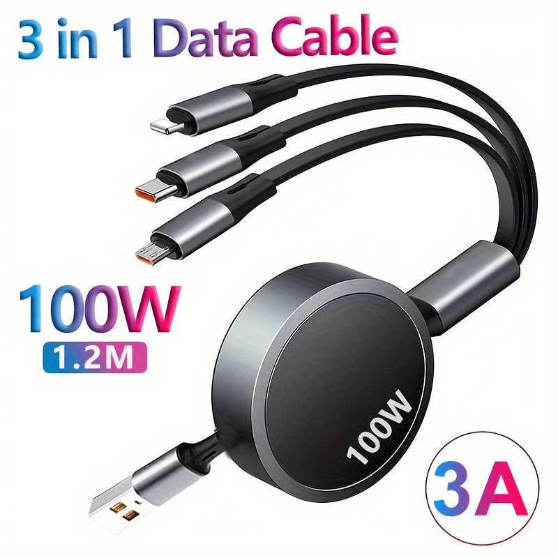 3 in 1 Retractable USB Charging Cable, 6A 100W Fast Charge, USB to Type C/Micro USB Compatible with iPhone 13/14/12/11/X, Huawei, Samsung, Data Sync 480Mbps, USB Powered, ≤36V