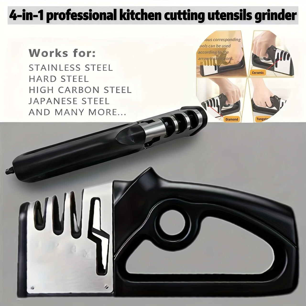 Aiguiseur 4-en-1 professionnel : affûte rapidement couteaux et outils de cuisine. Base antidérapante, ABS durable, usage maison et restaurant, sans électricité.