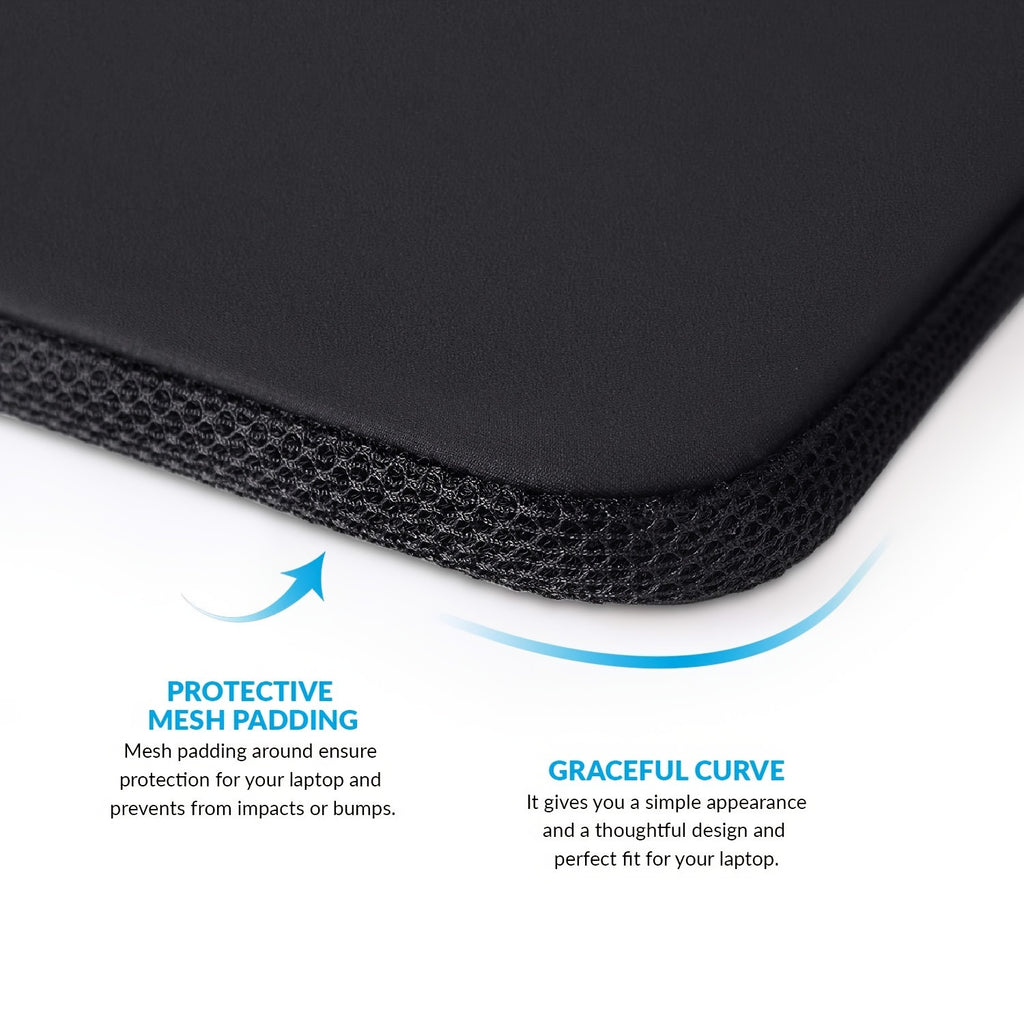 Housse noire en néoprène pour ordinateur 15,6", conforme TSA, protection antidérapante, accès facile au port d’alimentation, durable et élégante pour travail ou voyage.