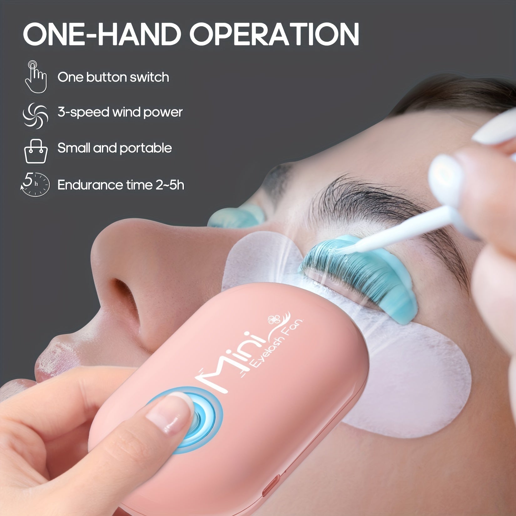Sèche-cils portable AORAEM, 3 vitesses, autonomie 4-5h, idéal extensions de cils et maquillage, design compact pour usage pratique.