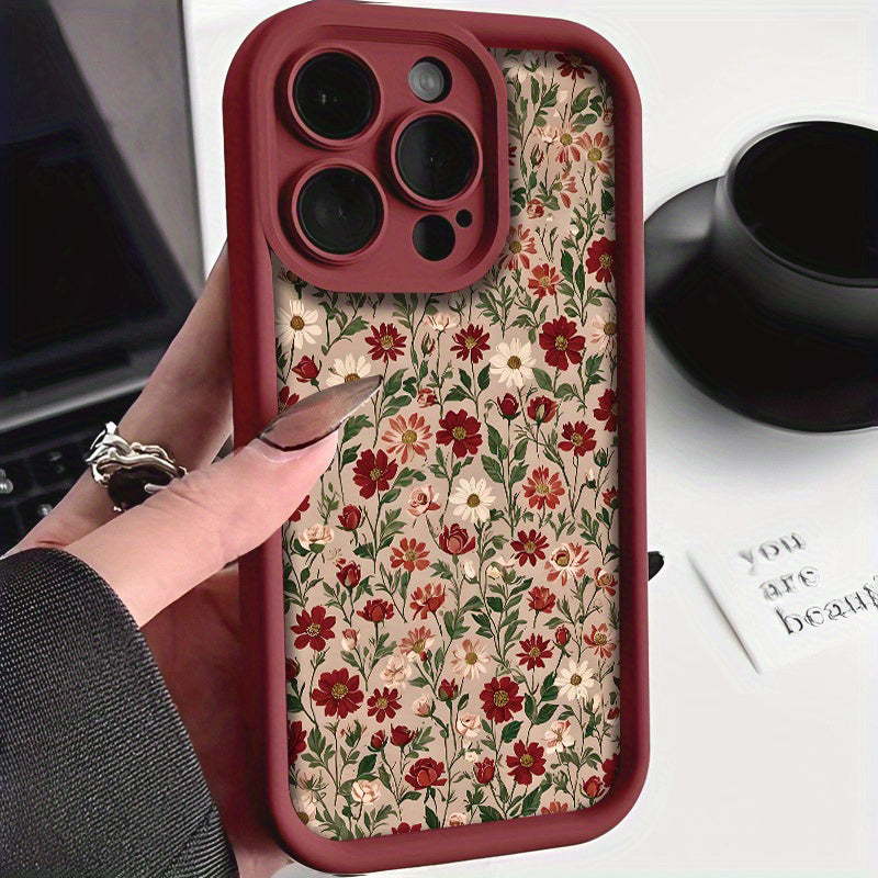 Coque rétro rouge vin avec motif fleurs et herbes, protection antichoc complète, couvre lentille, compatible iPhone 14 à 16 Pro Max, design élégant.