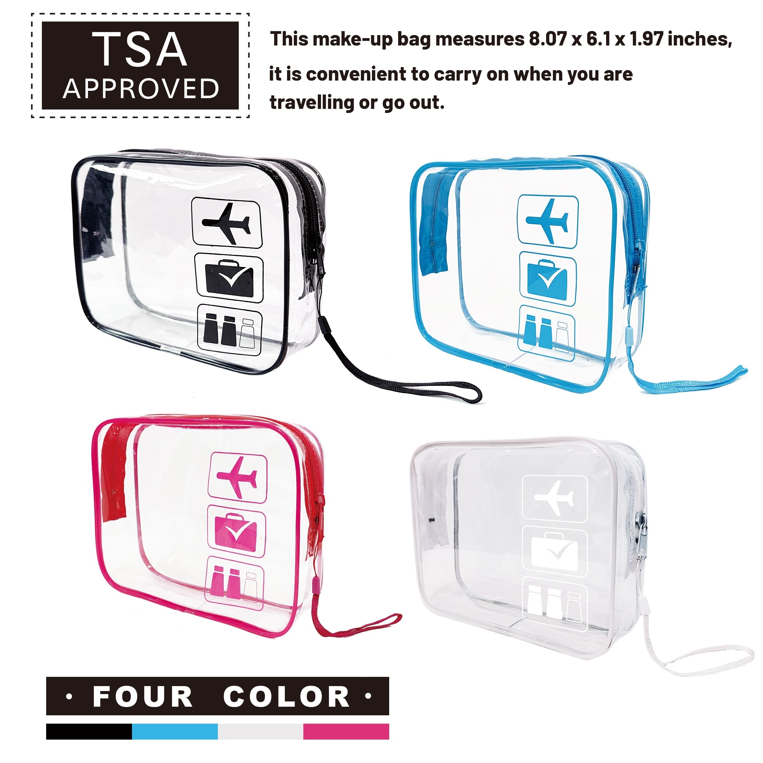 Trousse de toilette transparente avec ouverture à bouchon, pliable et verticale, pratique pour voyage, salle de bain ou shopping.