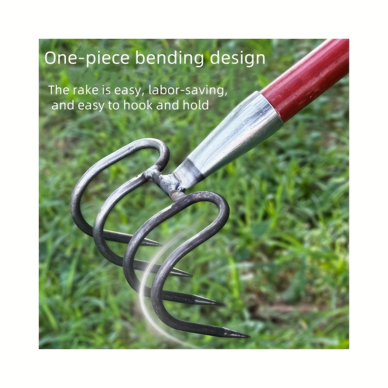 Râteau polyvalent en acier robuste, adapté au creusement et au travail du sol, idéal jardins, chantiers et nettoyage de plage, performant en conditions difficiles.