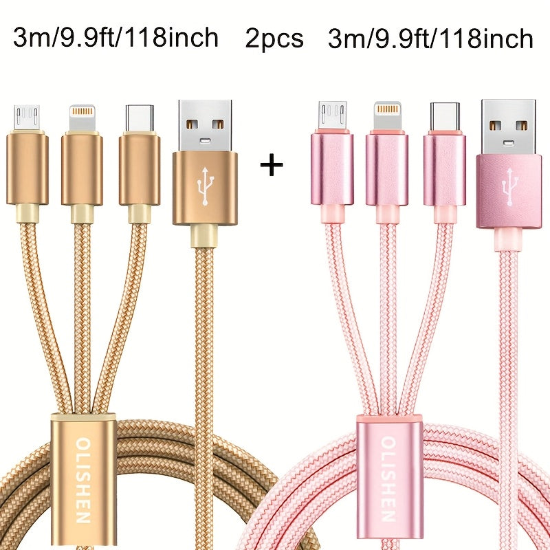 2pcs 3-in-1 Fast Charging Cable | Durable Nylon Braided, Compatible with iPhone, Samsung, Xiaomi, Oppo, Vivo, Redmi, OnePlus & More, Supports USB Charging, 10W Output Power