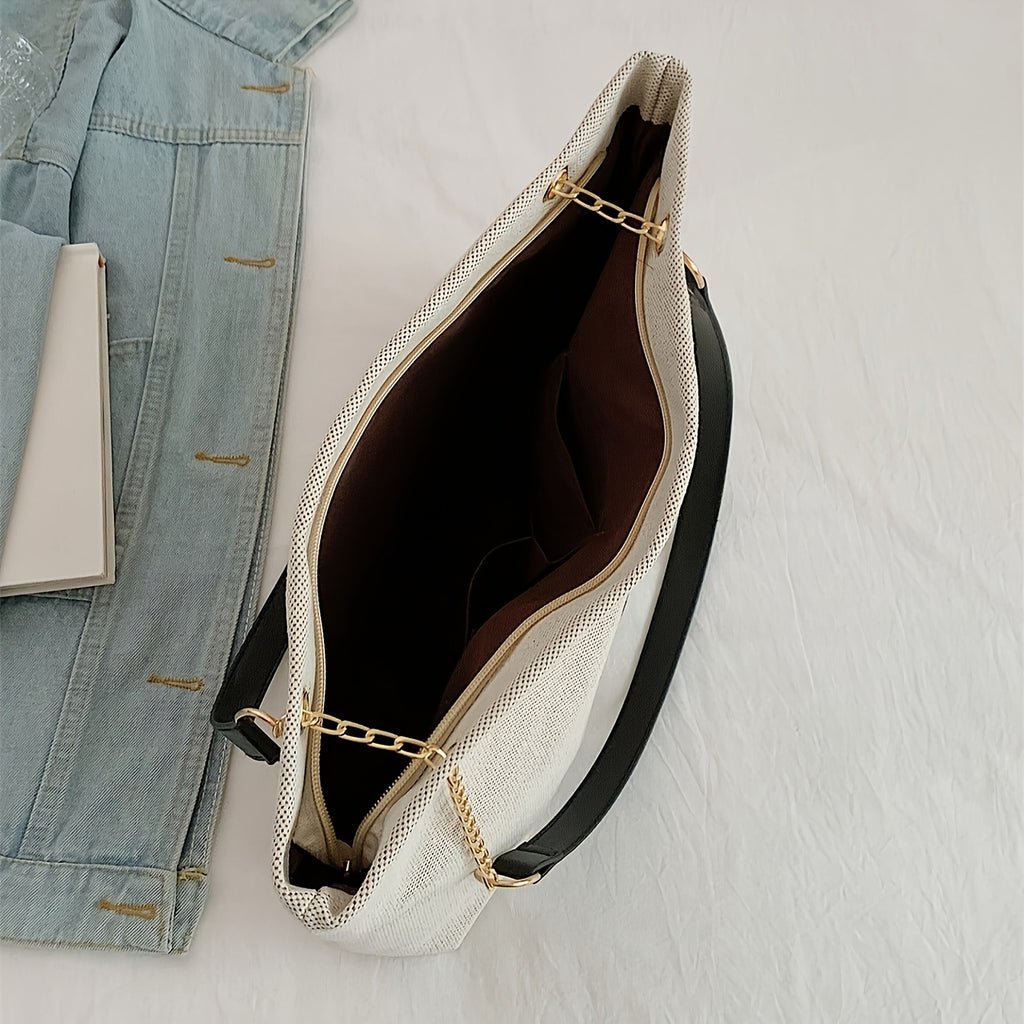 Sac fourre-tout en polyester tendance, grande capacité, bandoulière réglable, fermeture zippée, orné d’un charm cerf, style besace pour femme.