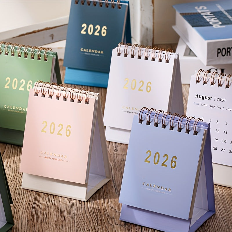 Mini calendrier de bureau 2026, planificateur mensuel et hebdomadaire, papier épais 250 g/m², reliure double spirale, compact et élégant pour maison ou bureau.