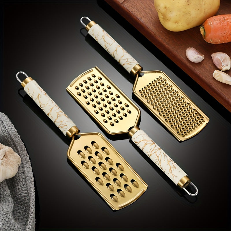 3/1pc grater Stainless steel shredder Household kitchen radish grater potato shreds onion shreds ginger shreds melon fruit vegetable shreds cheese raw grater handle can be held safely without hurting hands, Golden appearance,