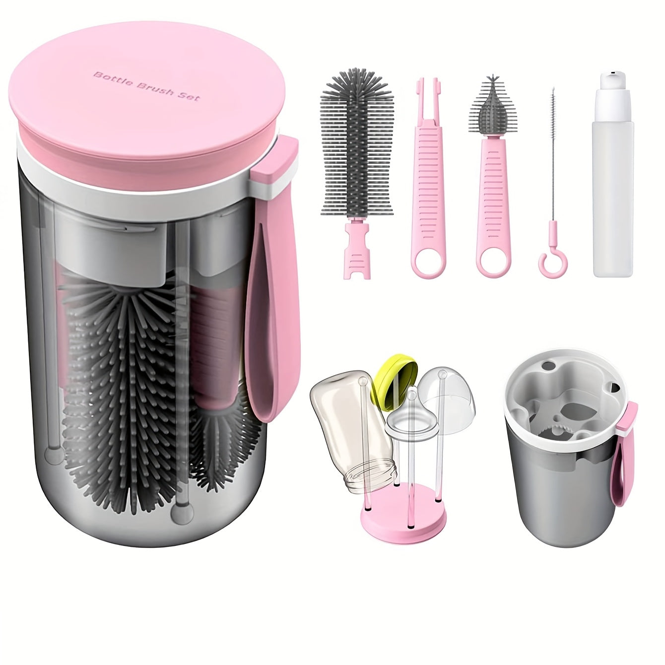 Set brosse à bouteilles portable Kiuimi, brosses en silicone, support de séchage, accessoires, poignée plastique, pratique pour voyage.