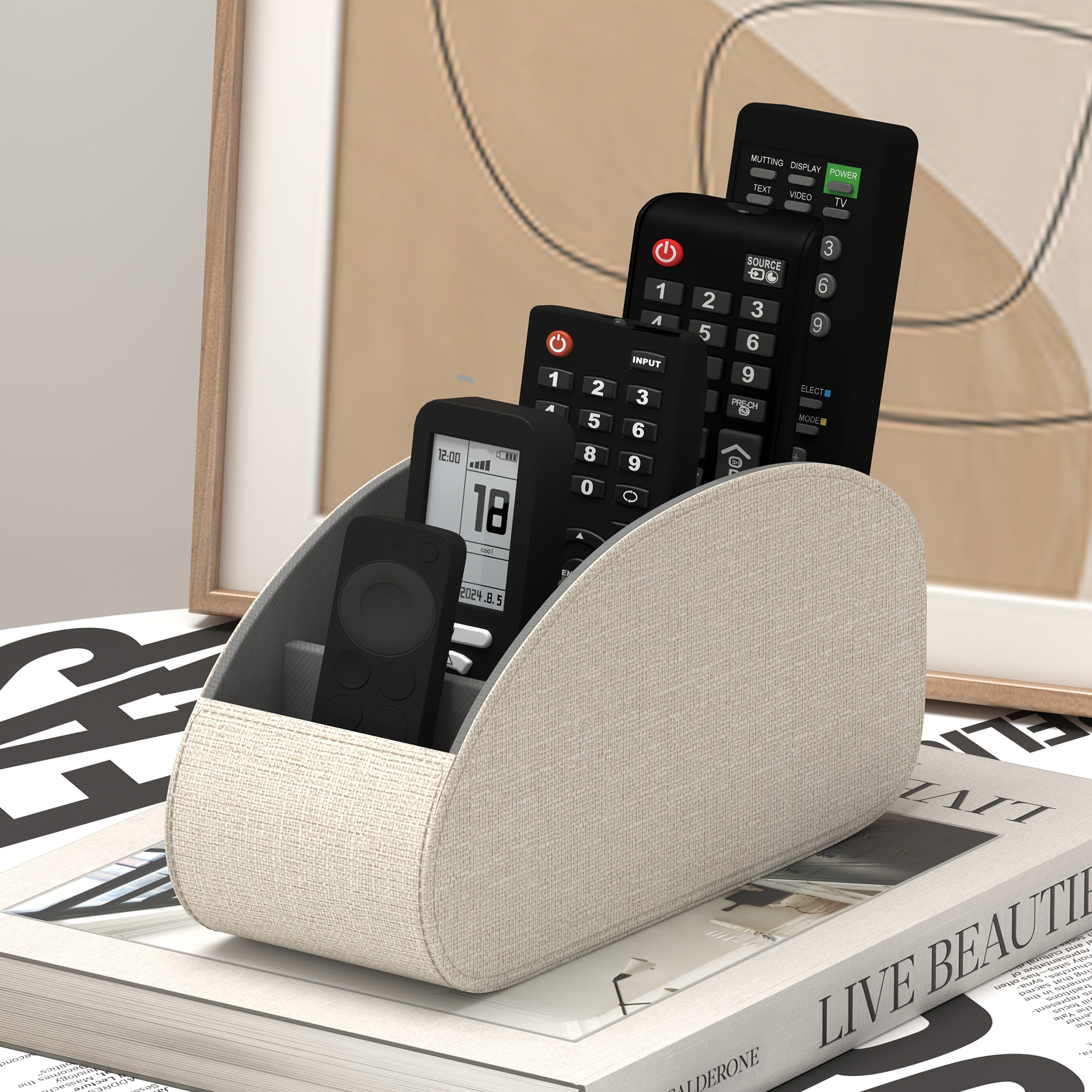 Organisateur pour télécommandes avec 5 compartiments, compatible TV et box, plateau gain de place pour salon, bureau ou chambre, rangement pratique pour accessoires.