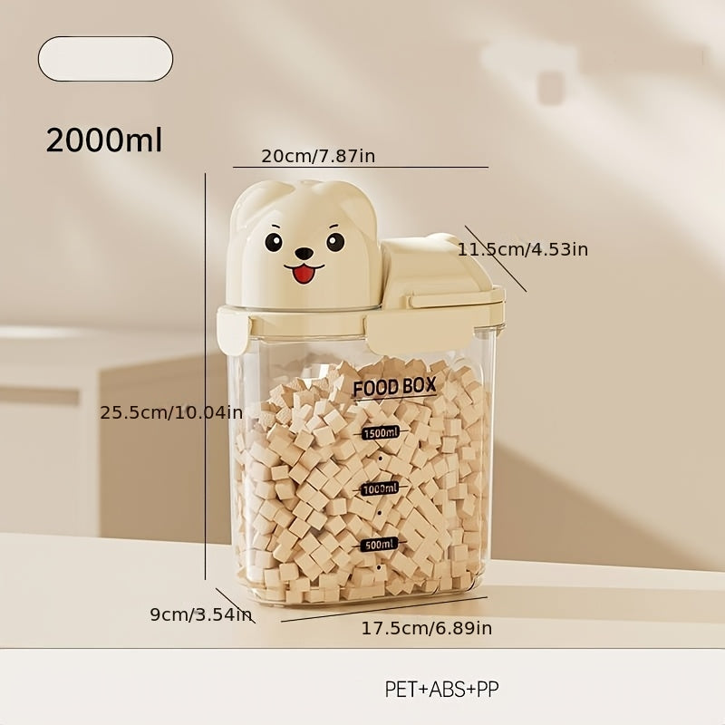 Seau hermétique pour nourriture de chien 2–2,8 L, plastique transparent, portable, idéal pour stocker croquettes et friandises en voyage.