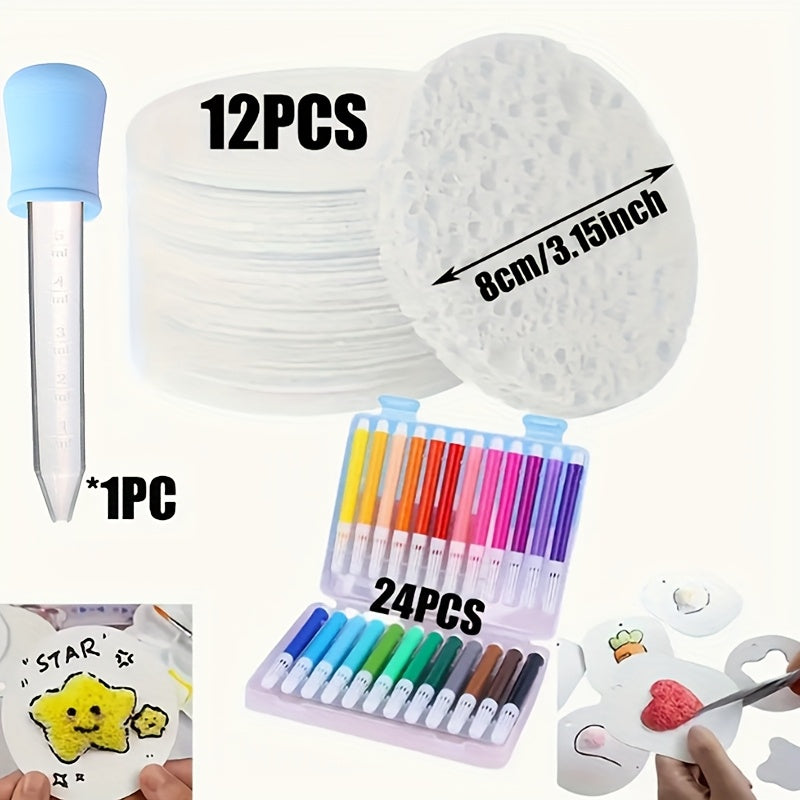 Papier à peindre 3D texturé 24/12 pcs (3,15 × 3,15 cm) avec 24 feutres aquarelle et compte-gouttes, idéal art créatif et DIY.