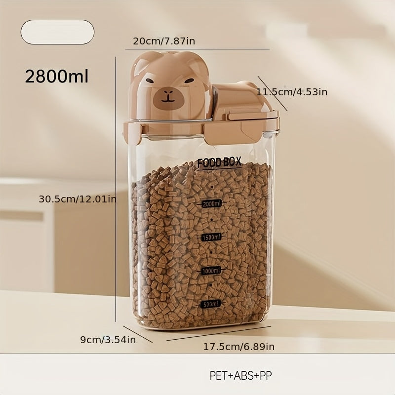 Seau hermétique pour nourriture de chien 2–2,8 L, plastique transparent, portable, idéal pour stocker croquettes et friandises en voyage.